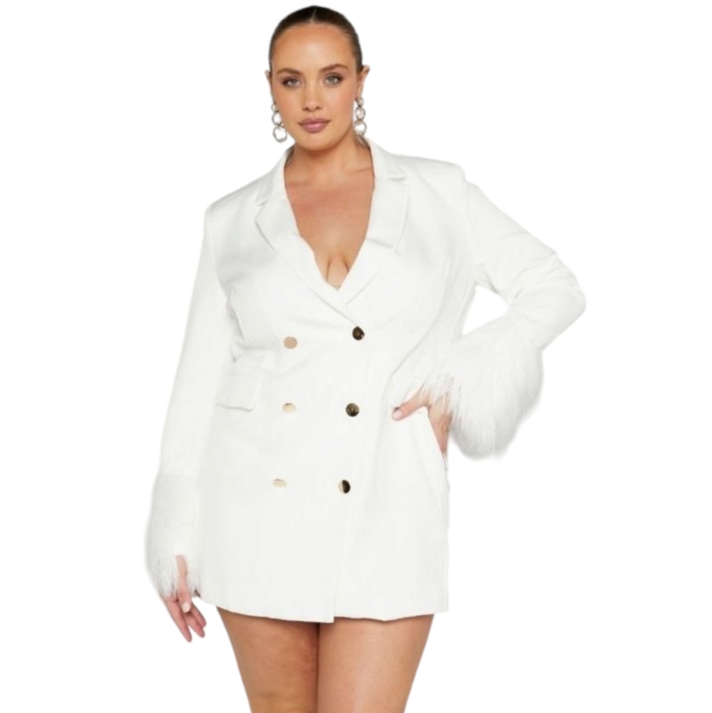 Showpo. Women's Rhziza Blazer Tuxedo Dress Feather Trim White Size 16